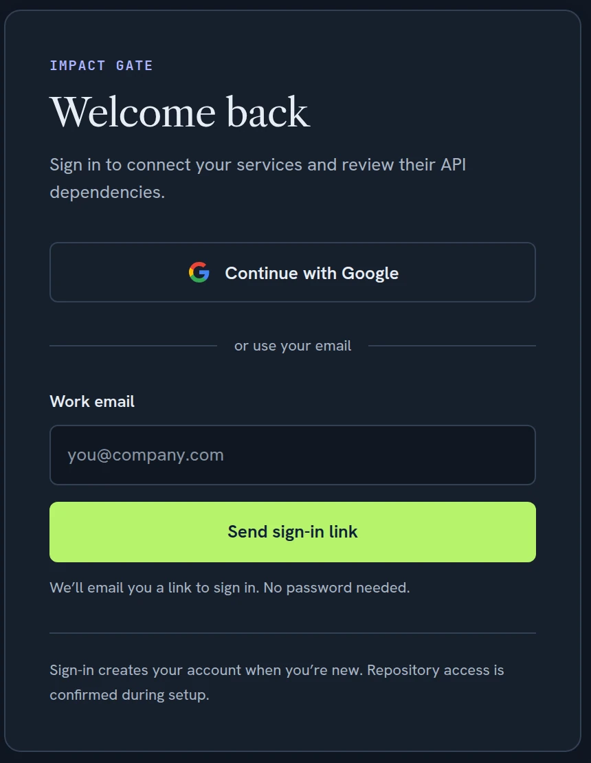 Impact Gate sign-in page with Continue with Google and a work email field for passwordless sign-in.